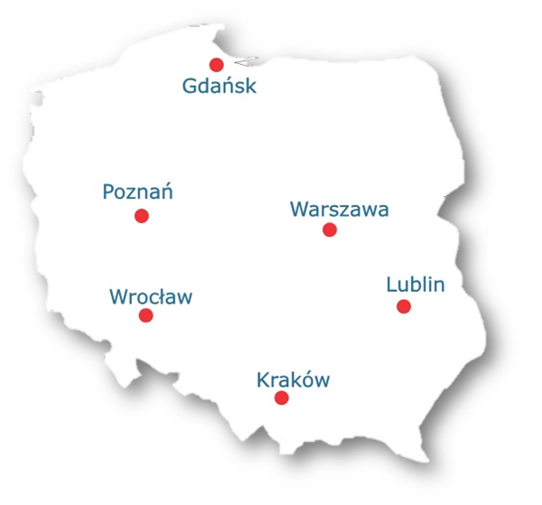 Mapa Polski z zaznaczonymi miastami, w których realizowany jest projekt